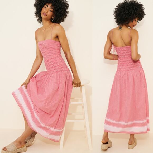 Saylor Dorothy Maxi Dress Strappy Cotton Drop Waist Red/White Gingham Size Small - Picture 1 of 12
